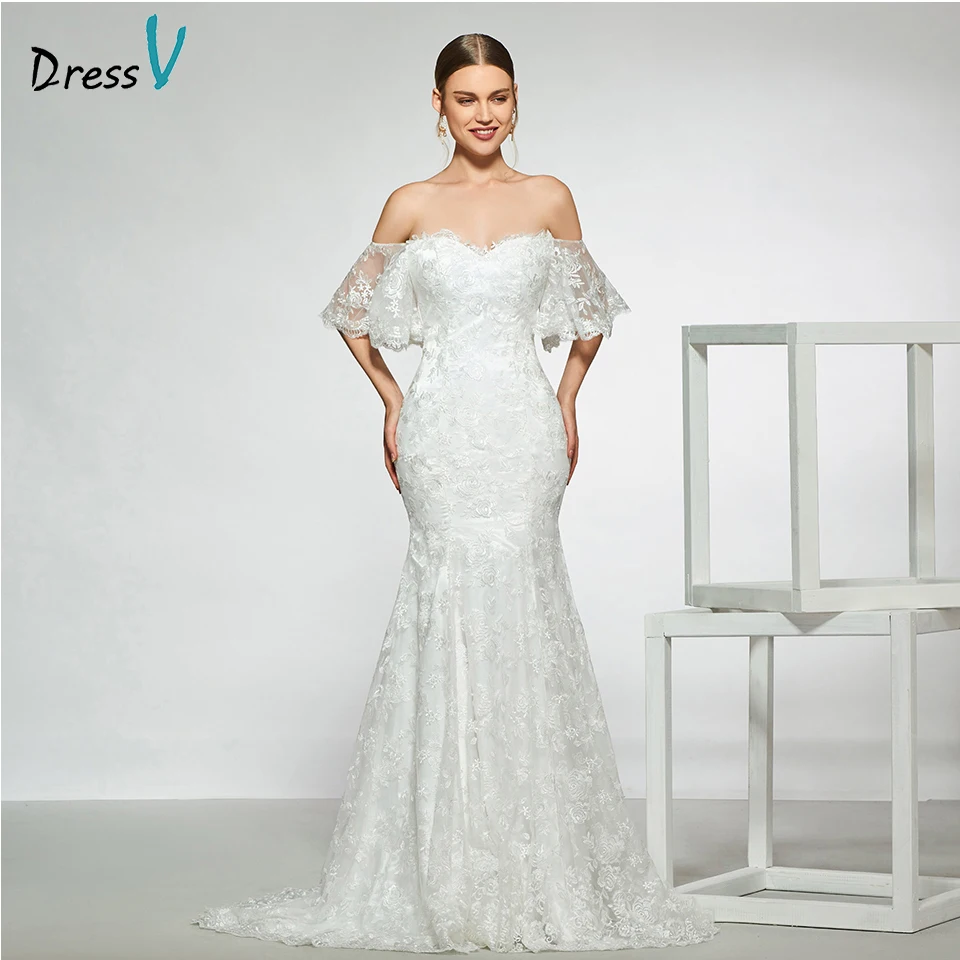 Dressv Элегантное свадебное платье с открытыми плечами женское кружевное в пол
