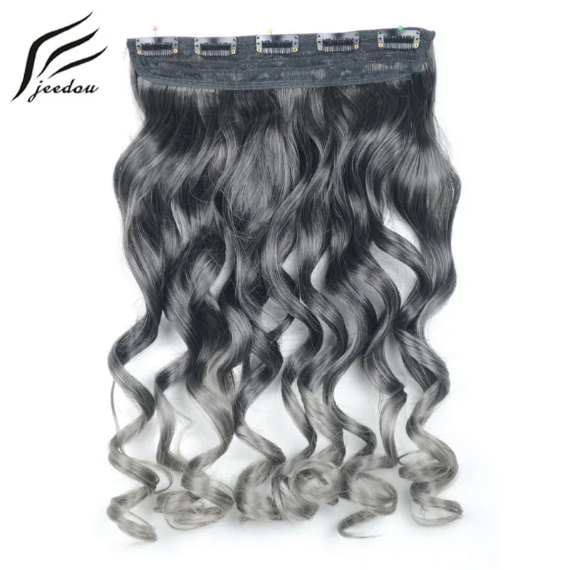 

jeedou Ombre Color Synthetic Hair Clip in One Piece 5Clips Hair Extension Wavy 18" 45cm 120g Black Gray Gradient Hairpieces