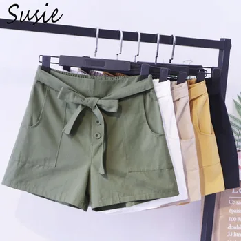 

Womens Summer High Waist Wide Leg Cargo Shorts Lace Up Bow Tie Solid Color Loose Three Buttons Trousers With Large Pockets