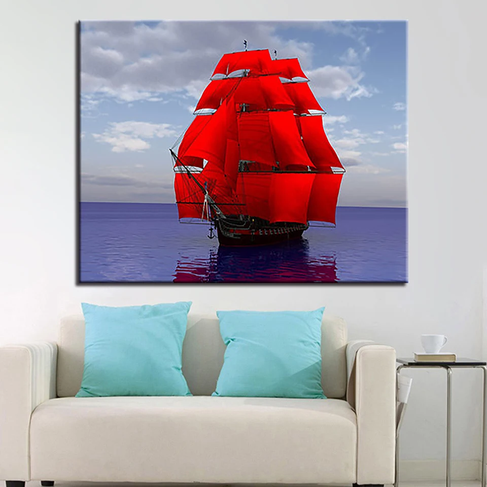 Abstract Oil Painting By Numbers DIY Digit Kits Coloring Red Sailboat Sea Scenery On Canvas Home Decor Wall Pictures Framework | Дом и сад