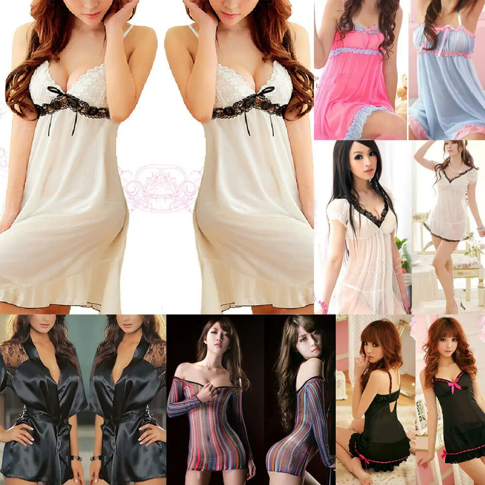 

New Women Sexy Strapless Sleepwear Arrive Women Lace Sheer Bow Perspective Mini Dress G-string Nighties Lingerie Lace Dress