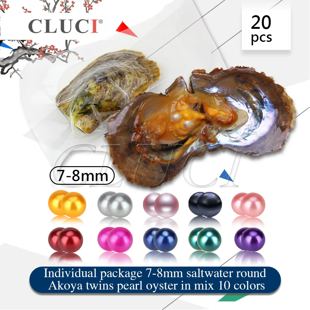 

CLUCI 20pcs 7-8mm mixed colors Twins Round Akoya Oysters, double pearls in each Oysters, can get 40 saltwater pearls