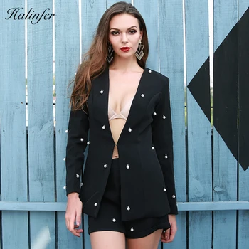 

Halinfer 2018 New summer women playsuits sexy bodycon v neck beading 2 piece jacket chic celebrity party black playsuit vestidos