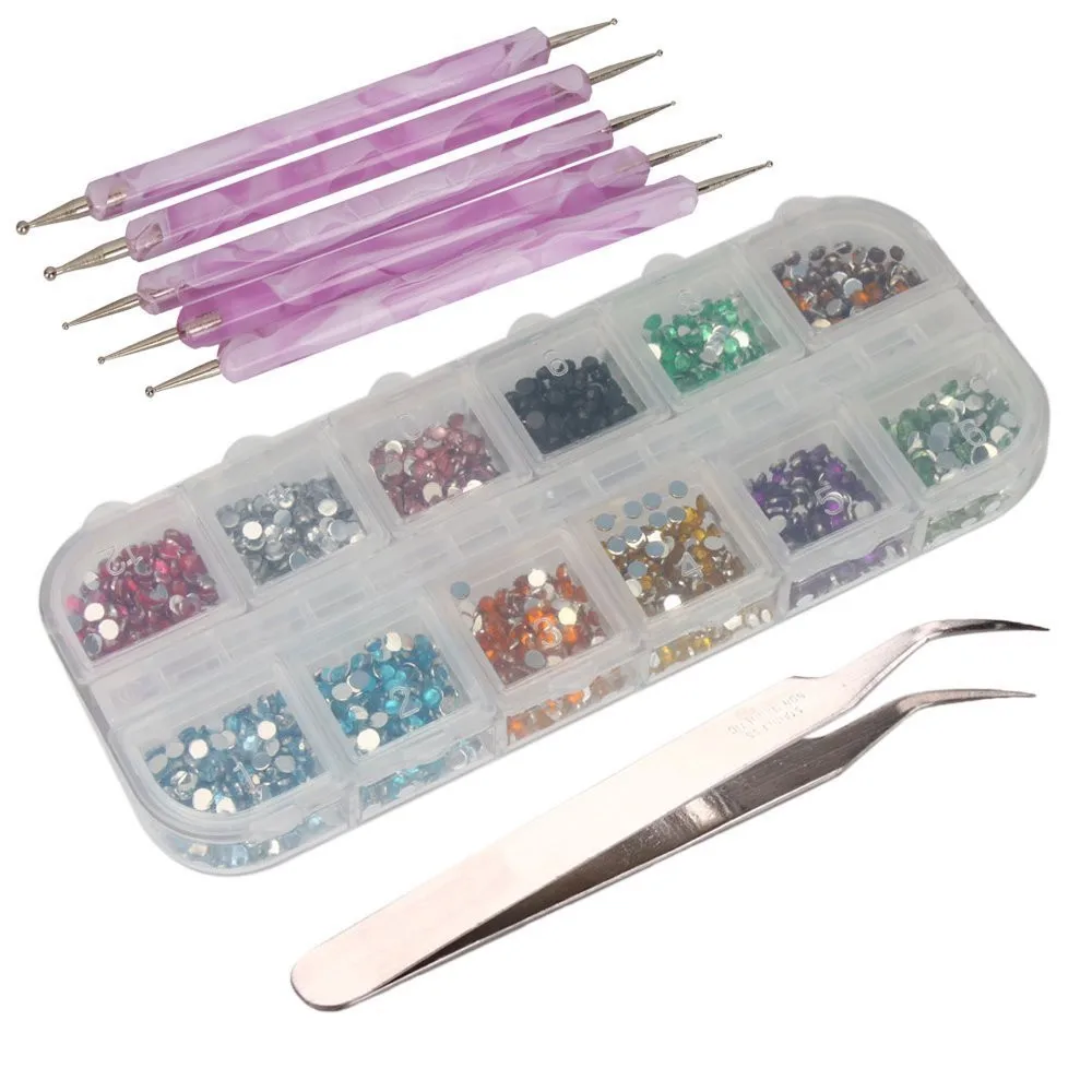 

12 Color/ set Nail Art Glitter Rhinestones Tips + 5 x 2 Dotting Pen +Tweezer #1218* BB