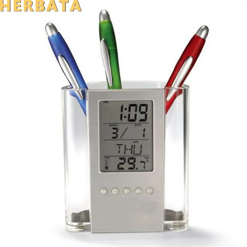 LCD Display Electronic Digital Desk Table Calendar Pencil Holder Date Temperature Table Calendar CL