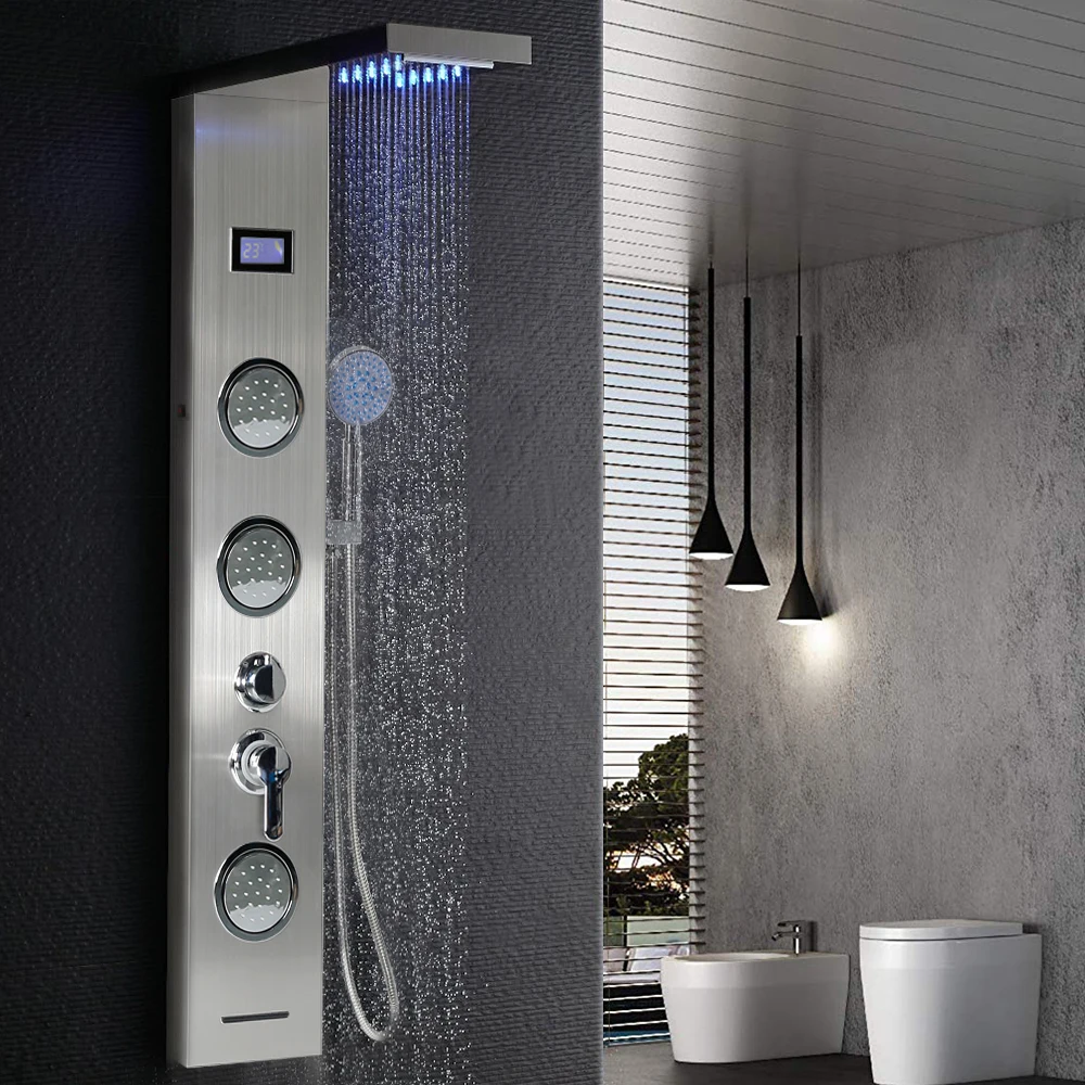 

LED Digital Display Shower Panel Column With ABS Handshower Rain Waterfall Shower Bath Shower Screen Bathroom Suppliers HWC