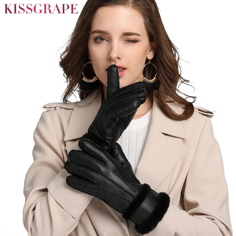 2017 Autumn Winter Natural Sheep Skin Fur Gloves Women's Warm Fur Leather Ladies Casual Theick Outdoor Gloves Windproof