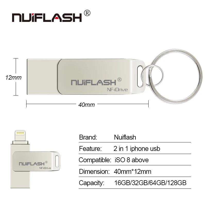 Nuiflash Usb флеш-накопитель 8 ГБ, 16 ГБ, 32 ГБ, 64 ГБ, 128 ГБ, флеш-накопитель, карта памяти для iphone 8, 7 Plus, 6, 6 S Plus, 5S, ipad, флешка