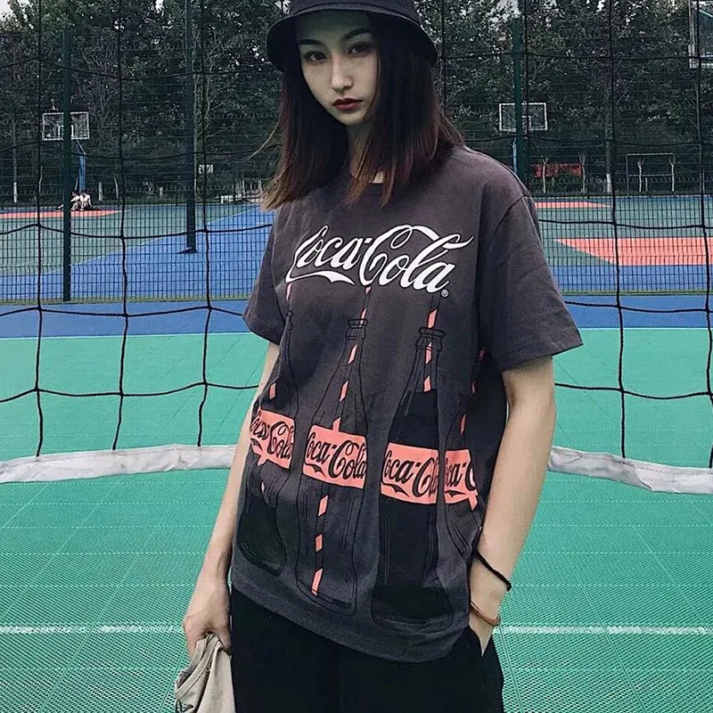 Women's Round casual summer tee shirt fashion tshirt hot sales girls cool Neck Cartoon Coke Print Short Sleeve Long T-Shirt