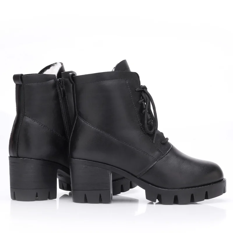 Tanie DRKANOL Fashion czarne zimowe buty śniegowe damskie platformy wysokie obcasy oryginalna skóra bydlęca grube wełniane futro ciepłe damskie botki