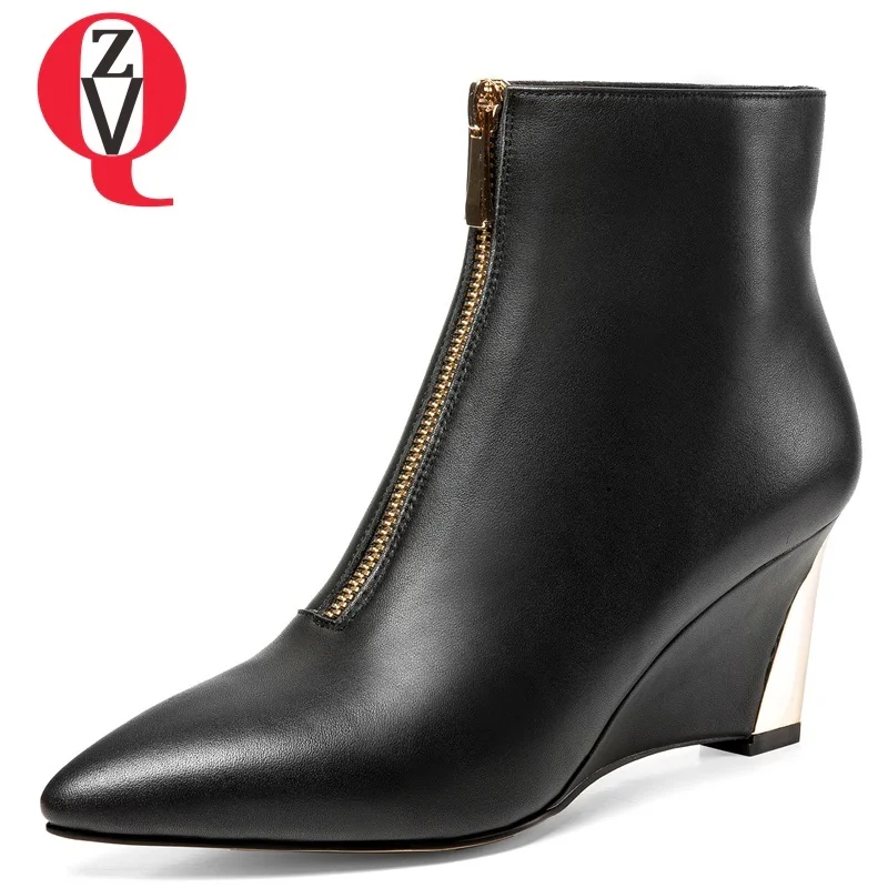 

ZVQ women shoes 2018 winter new fashion high wedges front zipper genuine leather outside warm black ankle boots drop shipping
