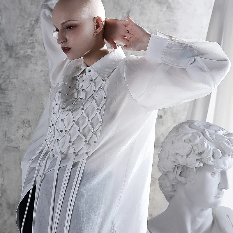 [EAM] New Autumn Winter Turn-down Collar Long Sleeve Thin Tassel Brief Personality Shirt Women Blouse Fashion Tide JX704