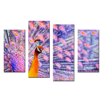 

Colorful Purple Peacock 4 Panel Animal Landscape Giclee Canvas Prints on Canvas Wall Art Modern Pictures Unframed for Home Decor
