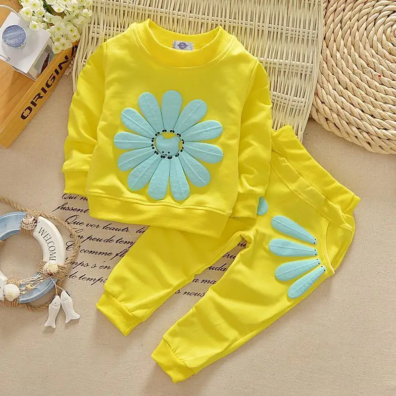 Милая футболка с подсолнечником комплект одежды состоящий из кофты и штанов новые демисезонные комплекты одежды для маленьких девочек на 1 2 3 4 года - Цвет: Цвет: желтый