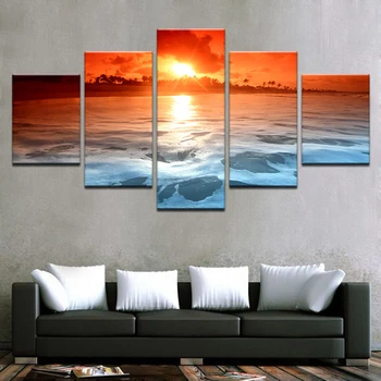 

Canvas Pictures Home Decor Framework 5 Pieces Sunset Glow Tinted The Sky Red Paintings Beach Sea Waves Seascape Poster Wall Art
