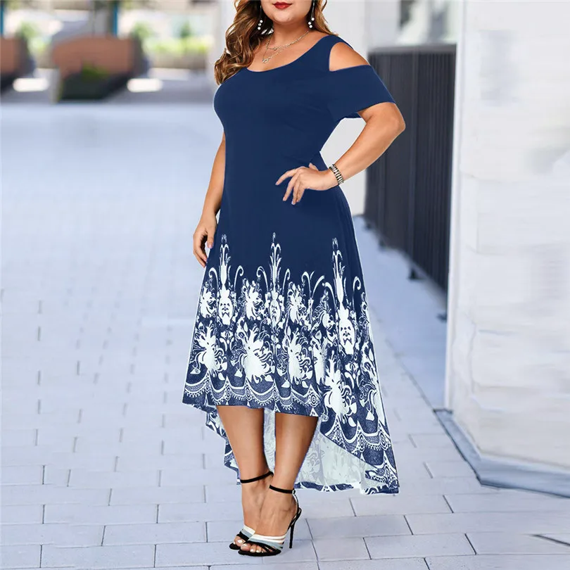 2019 New Summer Women Casual Plus Size Print Dress O-Neck Print Off-Shoulder Short Sleeve Waist Dress #E11 (13)