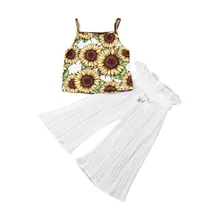 Топы с подсолнухами для маленьких девочек от 2 до 7 лет, футболка длинные штаны, комплект одежды