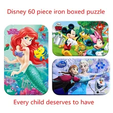Дисней Принцесса Замороженные Мультфильм Игрушка Железный ящик деревянный пазл Анна Эльза Обучающие Развивающие игрушки Детский подарок на день рождения 60 штук