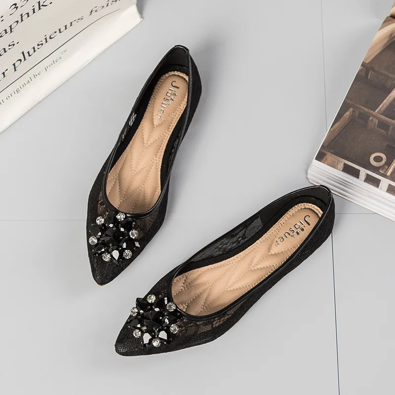 

New Women Flats Shoes Crystal Lace Pointed Toe Fashion High Quality Basic Flat Shallow Moccasins Ladies For Office Boat Shoes