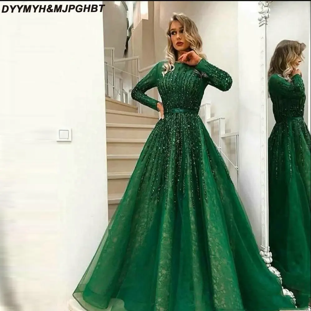 Gorgeous Green Shiny Beaded Evening Dress 2018 Long Sleeves Abiye Vintage Crystal Lace Prom Gowns Vestido Longo Abendkleider_