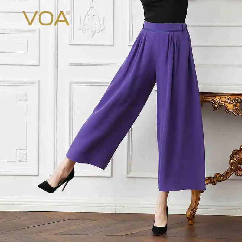 

VOA 2018 Spring Purple Plus Size Loose High Waist Office Lady Wide Leg Pants Solid Brief Basic Heavy Silk Women Trouser K3163
