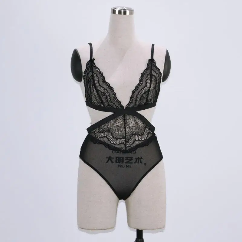 mesh bodysuit 2018 Women Lace Bodysuits Deep V Neck Spaghetti Strap Sleepwear Mesh Patchwork See Through Rompers Ladies Sheer Overalls Femme fishnet bodysuit