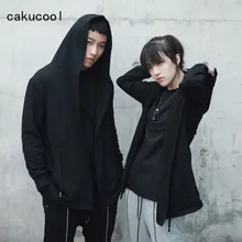 Cakucool для женщин готический Черная куртка Drawstring с капюшоном Открыть стежка Harajuku плащ волшебника верхняя одежда куртки для пары плюс размеры