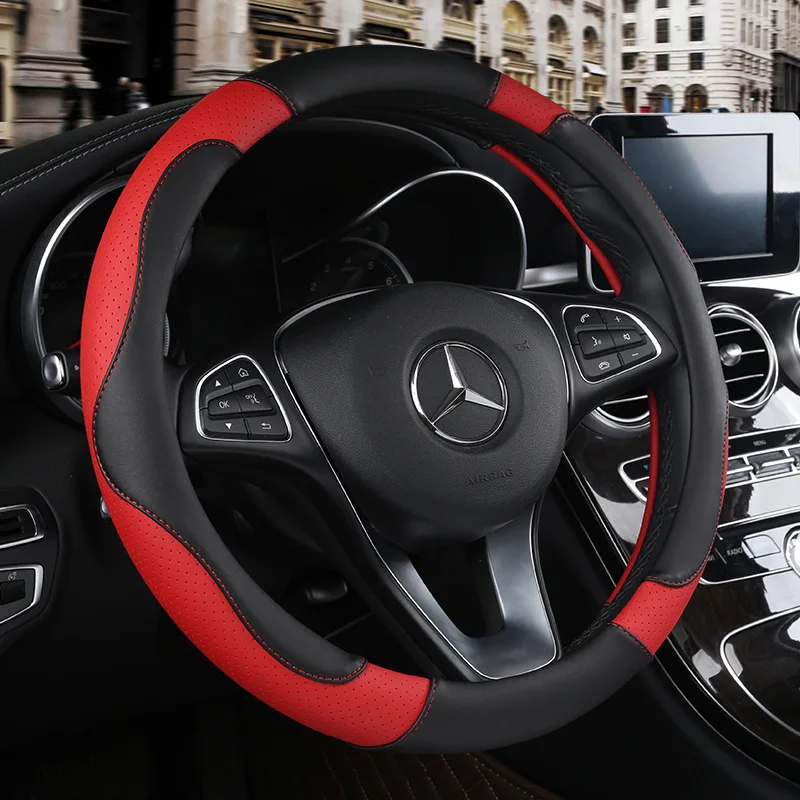 38cm Universal Carbon fiber Leather Steering Wheel Cover Auto Car Truck Black x1