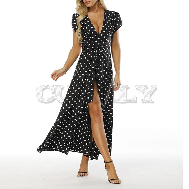 

CUERLY Women Boho Polka Dot Summer Beach Long Dress Evening Party V-Neck High Waist Split A Line Maxi Dress Prairie Chic Femme