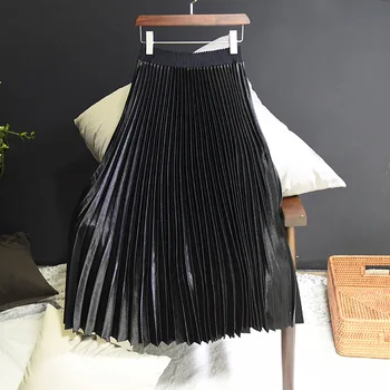 

Women Metal Satin Pleated Black Skirt Chic High Waist Long Winter New Arrival Elastic Sweet Girls Skirts Korean Style Streetwear