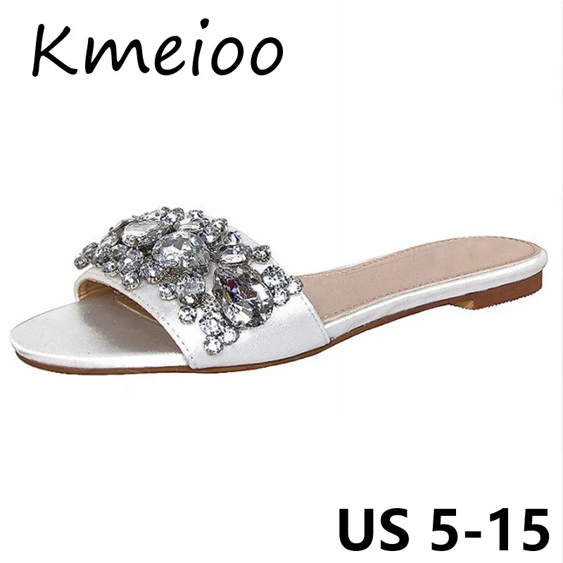 Kmeioo/ г., размер США 5-15, летняя женская обувь, шлепанцы со стразами, украшенные стразами, на плоской подошве, атласные модельные повседневные женские туфли