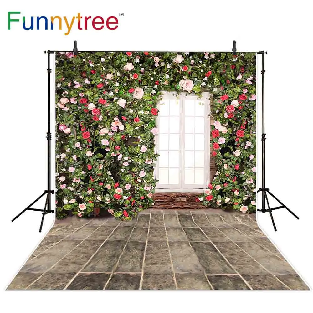 Funnytree backgrounds for photography studio flowers wall window spring brick floor professional backdrop photocall photobooth |