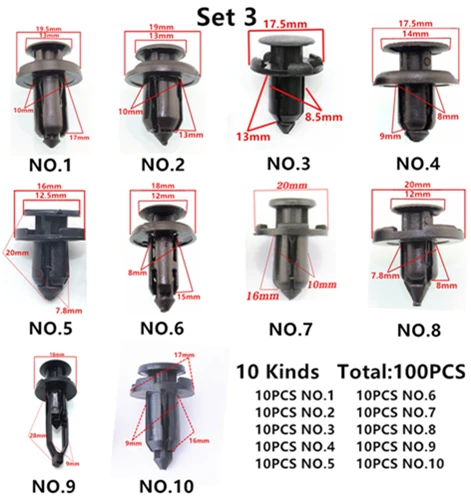 100 шт, разные универсальные 5 мм, 6 мм, 7 мм, 8 мм, 9 мм, 10 мм, автомобильные крепления из пластика, зажимы для всех автомобилей, винтовые заклепки - Название цвета: 100pcs set 3