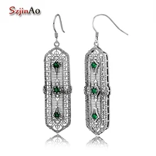 Szjinao стерлингового серебра 925 длинные серьги зеленый изумруд Свадебные полые винтажные вечерние хрустальные серьги женские модные ювелирные изделия