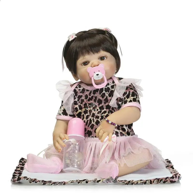 

NPKcollection 57cm full silicone simulation reality newborn baby girl with black short hair and skirt silicone reborn baby dolls