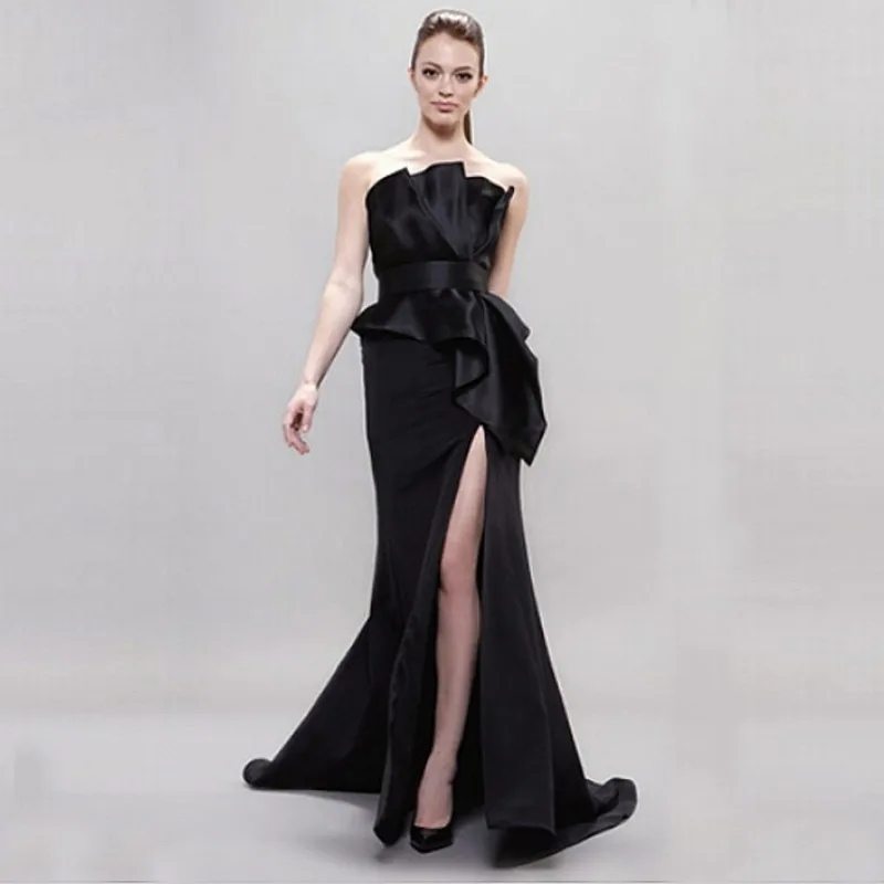 Sexy Side Slit Black Satin Mermaid Evening Dresses Strapless Formal Prom Gowns 2016 Long Robe De Mariage