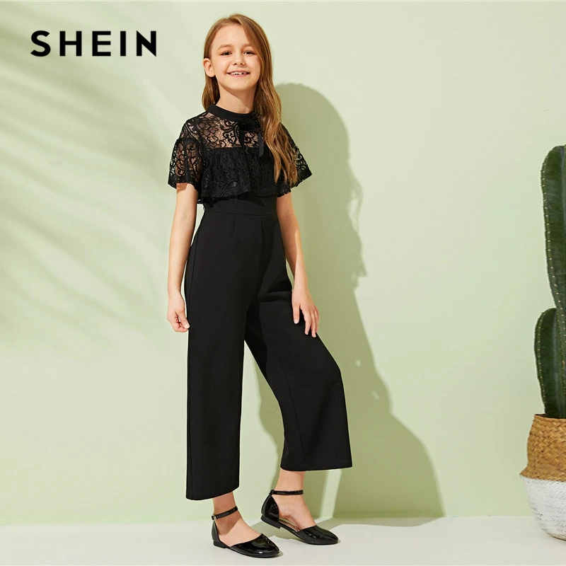 SHEIN детский черный комбинезон с открытыми плечами, контрастная кружевная отделка, широкие штаны, вечерние комбинезоны для девочек, коллекция года, летние комбинезоны на молнии с коротким рукавом