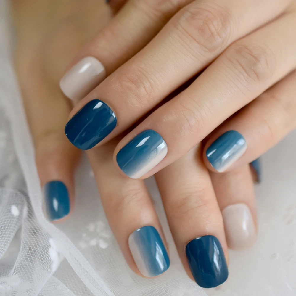 Short Gradient Blue Fake Nails Squoval Uv Gel Natural False Press On Nails For Girl Full Cover Summer Wear Finger Nail Art Tips False Nails Aliexpress