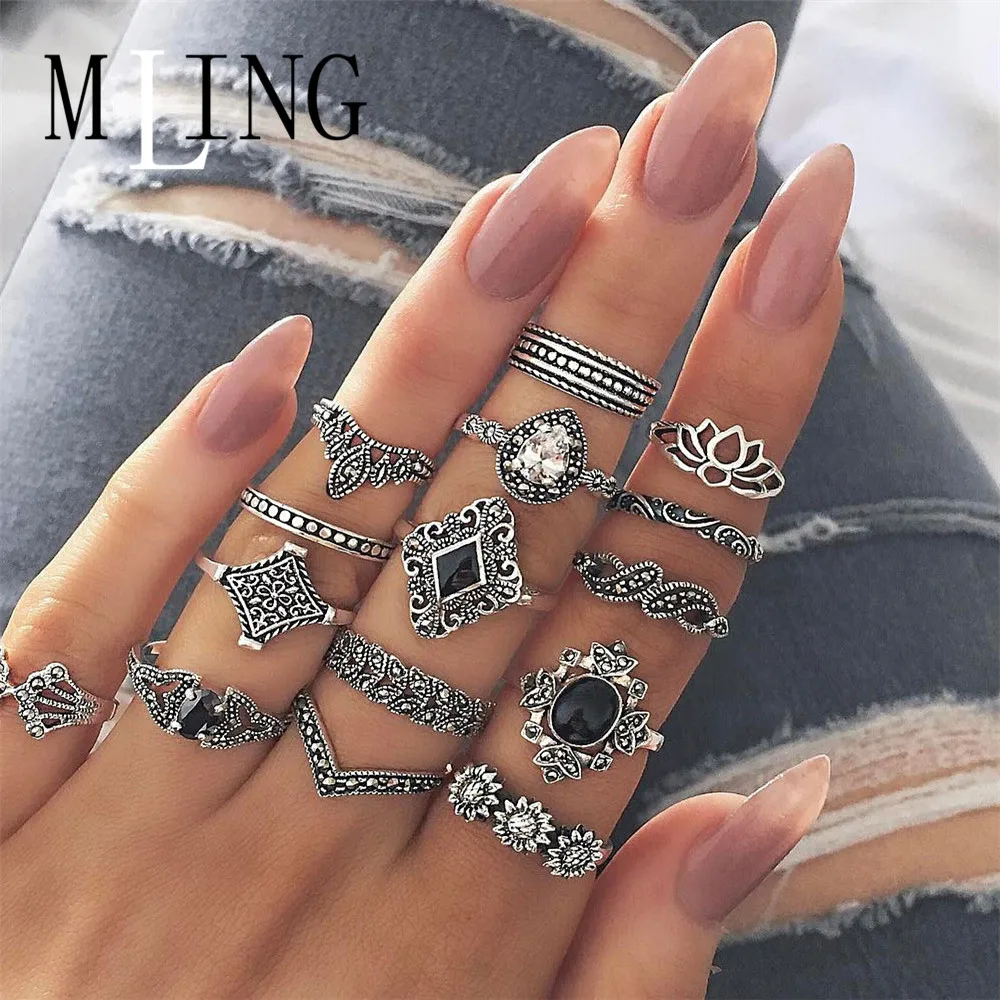 

MLING 15 Pcs/Set Bohemian Fower Lotus Rhinestone Finger Fing Geometric Silver Color Knuckle Ring Set Statement Jewelry Gifts