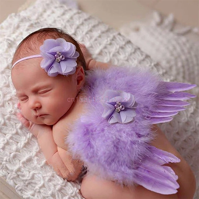 Newborn Girl Baby Kids Flowers Feather Lace Headband & Angel Wings Photo Prop #H055#