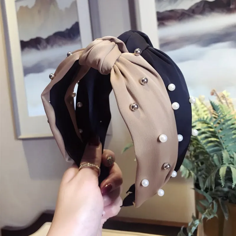 

Fashion pearl headband wide side Turban Hairband girl wedding party hair accessories women female cross bow knotted headdress