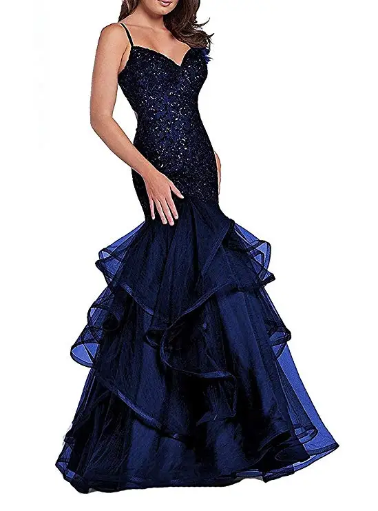 

2019 Women's Ruffles Straps Mermaid Prom Evening Gowns V-Neck Sequins Formal Party Dresses Abiti Da Cerimonia Da Sera