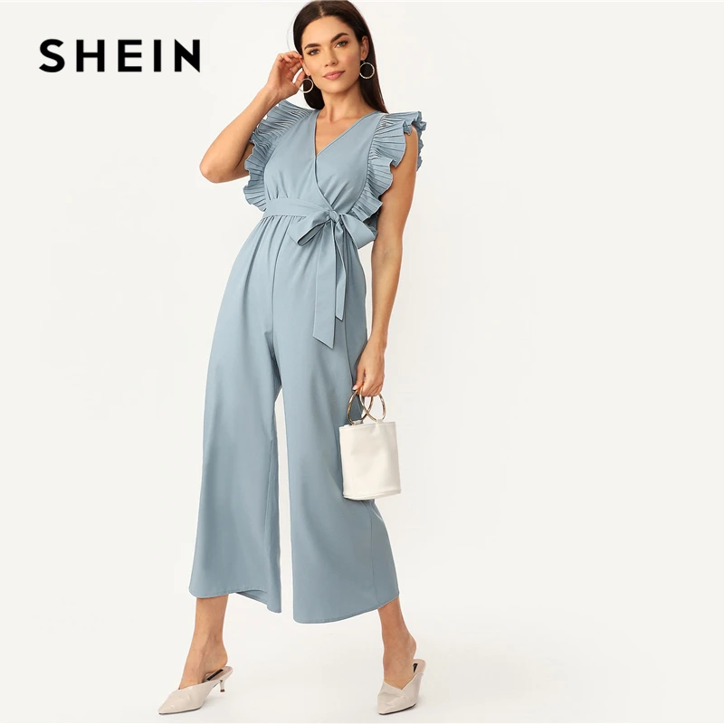 SHEIN Elegant Blue V Neck Pleated Ruffle Trim Wrap Wide Leg Belted ...