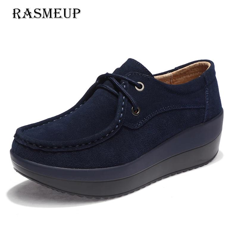 

RASMEUP Genuine Leather Women's Platform Shoes 2018 Spring Lace Up Women Flats Moccasins Creepers Slipony Woman Casual Footwear