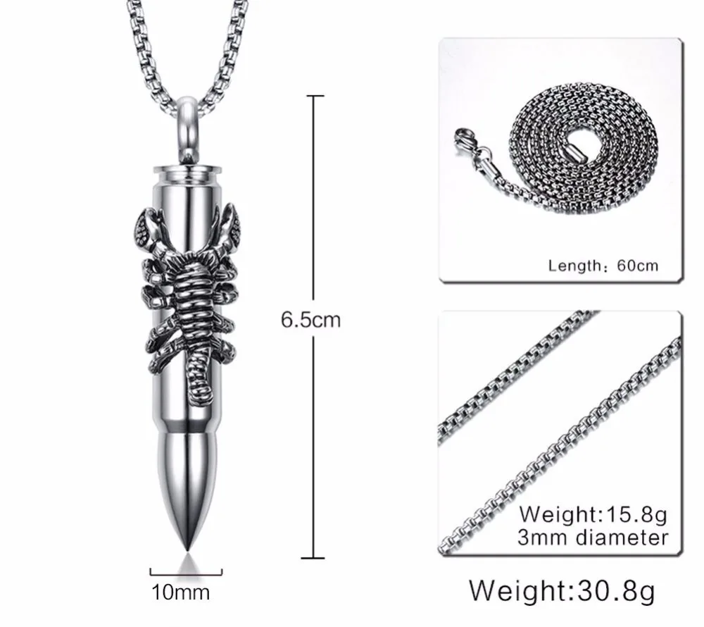 Fashion jewerly Mens Necklaces Stainless Steel Bullet Animal Pendant Punk Rock Silver Black Scorpion Necklace with Chain colar vintage choker silver black  18