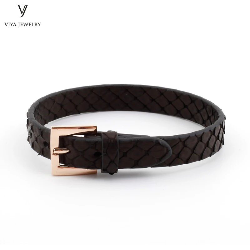 

10mm Width Flat Real Stingray&Python Leather Wristband Adjust Men Bracelet Simple Clasp Flat Leather Watch Band Cuff Bracelet