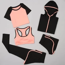 New Women Yoga Sport Suit Quick Dry Bra Set 5 Pieces Female Short-sleeved Shorts Long Pants Outdoor Sportswear Running Coats