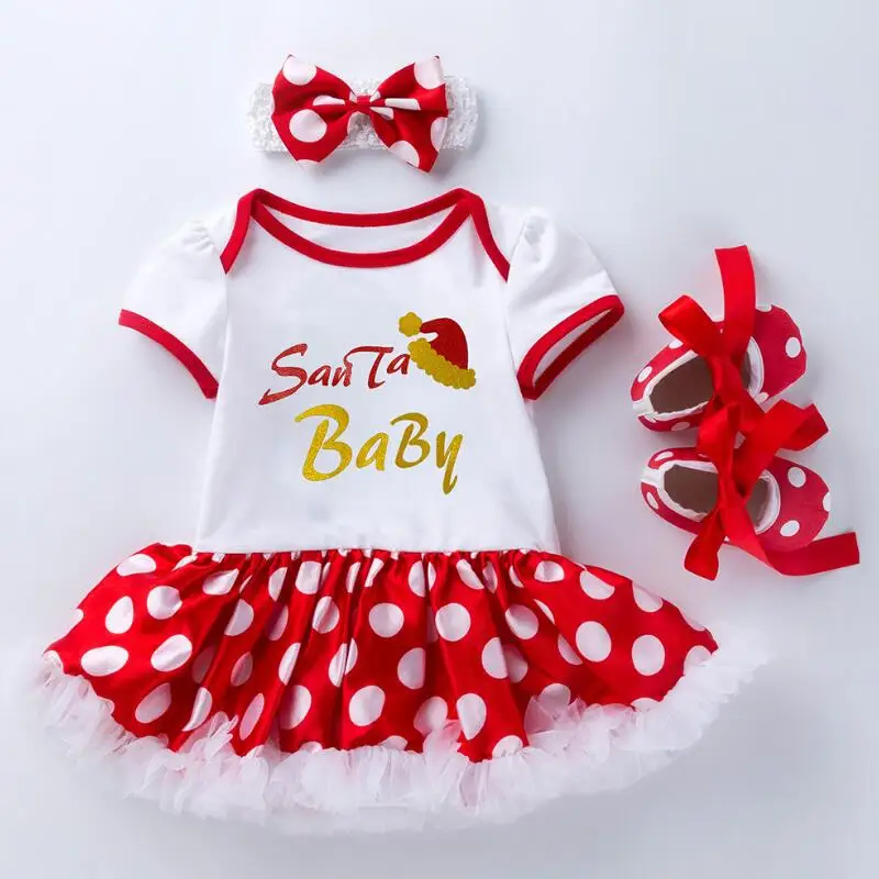 Рождественский комбинезон с рисунком оленя для маленьких девочек, платье+ повязка на голову+ обувь, комплект из 3 предметов, хлопковая одежда с короткими рукавами для новорожденных - Цвет: HS3050-2