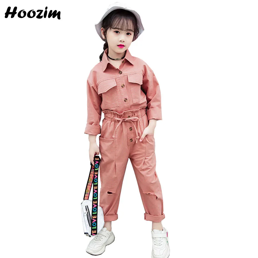 

Modern Suit For Girls Yellow Patch Pocket Jacket High Waist Drawstring Ripped Slimming Pants Streetwear Children Clothing Set