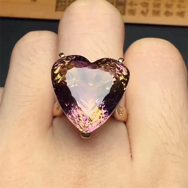 SHIQING Nature Ametrine genuine gemstone big silver heart ring for women as gift